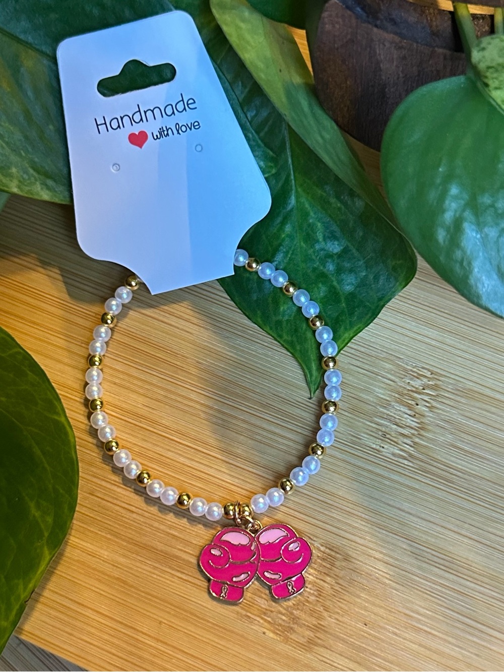 🎀 Breast Cancer Awareness Stretchy Beaded Bracelet | Handmade | Dangle Charm 🎀